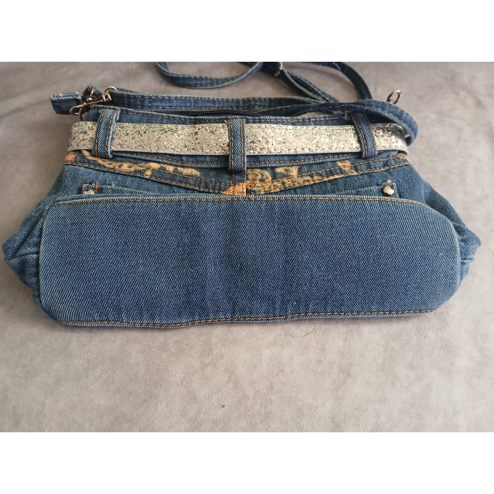 Y2K Denim Pocket Crossbody Bag Blue Jean Purse with Silver Glitter Belt Small - Picture 4 of 8
